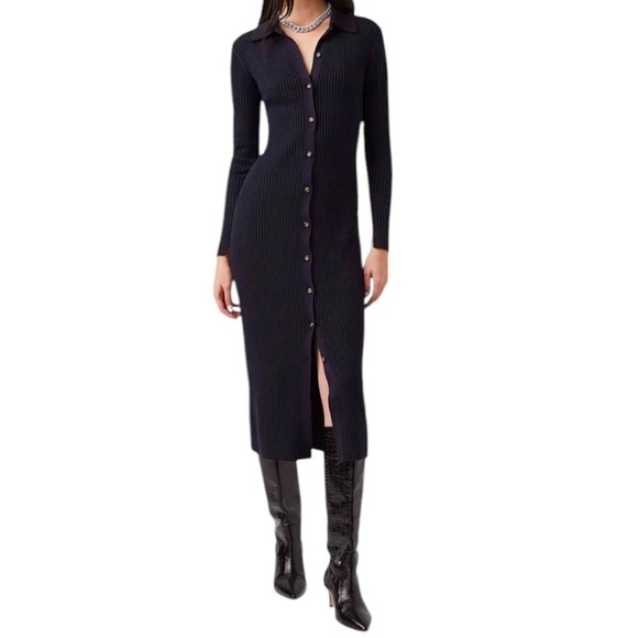 French Connection Blue Black Mari Pleated Ribbed Cardigan Midi Dress NWT Medium - Picture 1 of 13